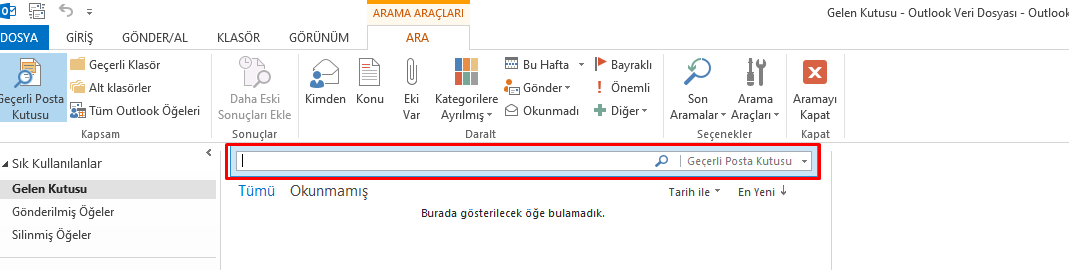 Outlook Gelen Kutusunda Arama Yapmıyor